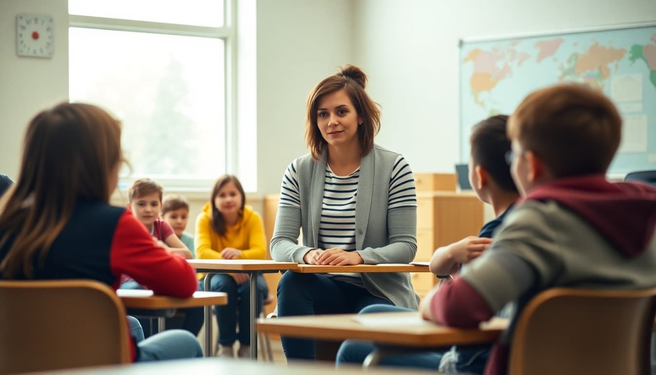 Middle school counselor leading a substance prevention discussion with students in a classroom