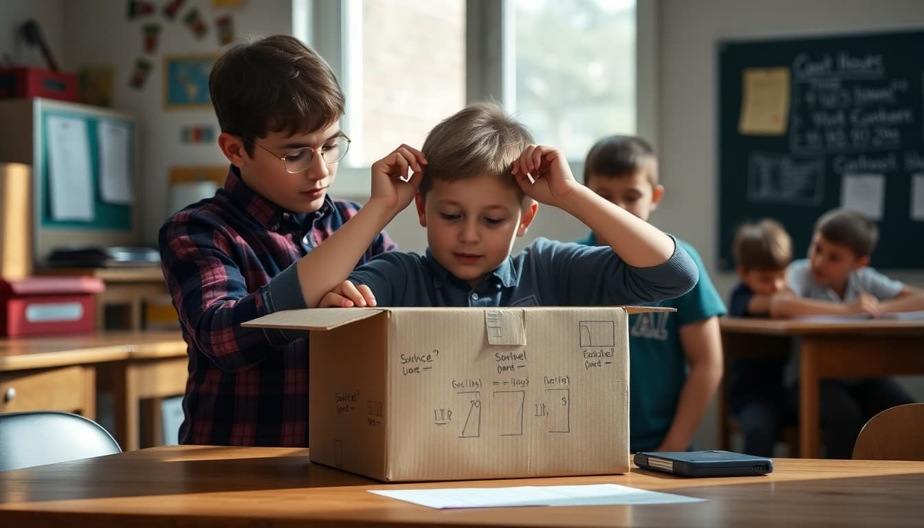 Middle school student measuring the faces of a cardboard box to calculate its surface area