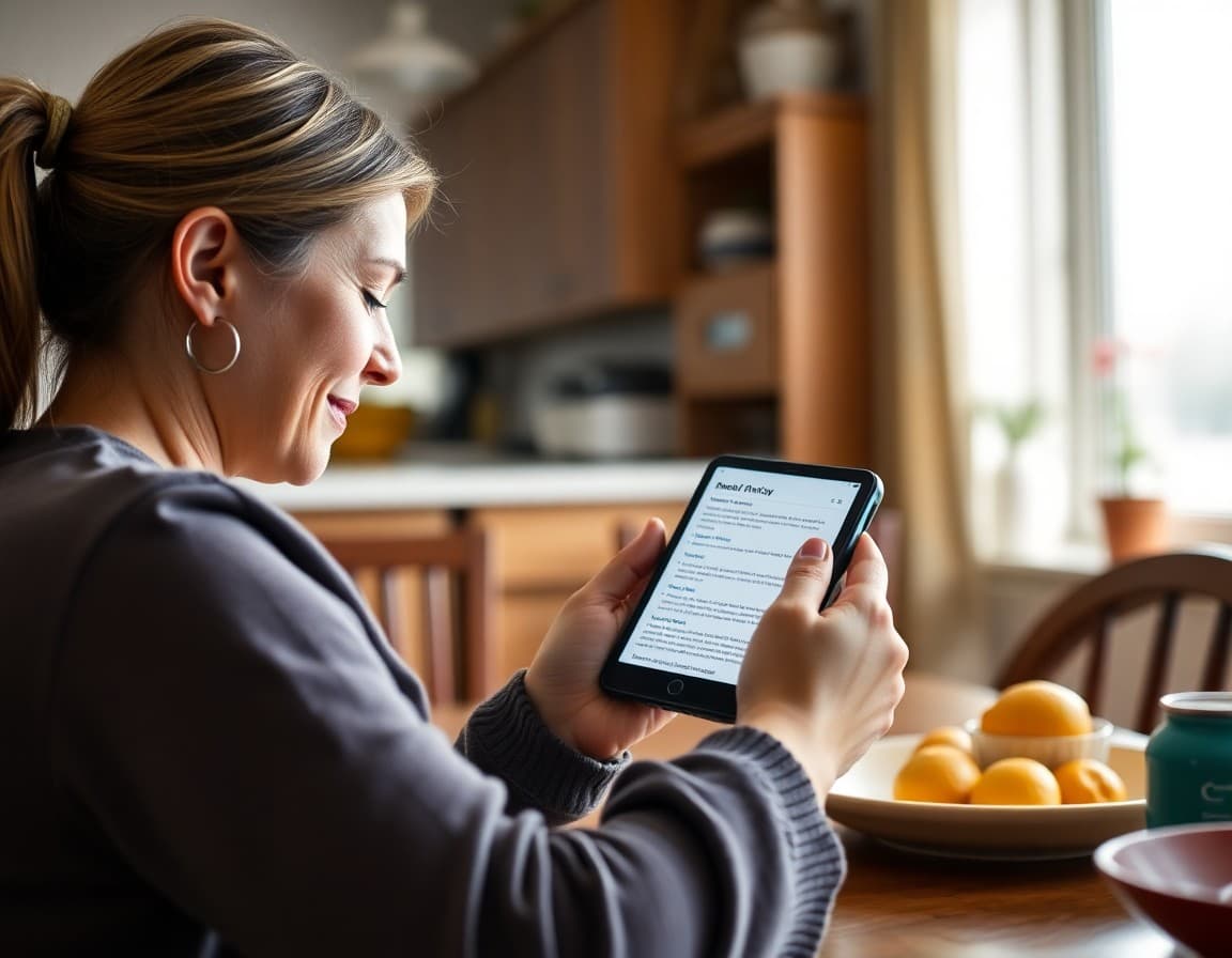 Parent reading a grade-level team newsletter from multiple teachers on a smartphone at the kitchen table