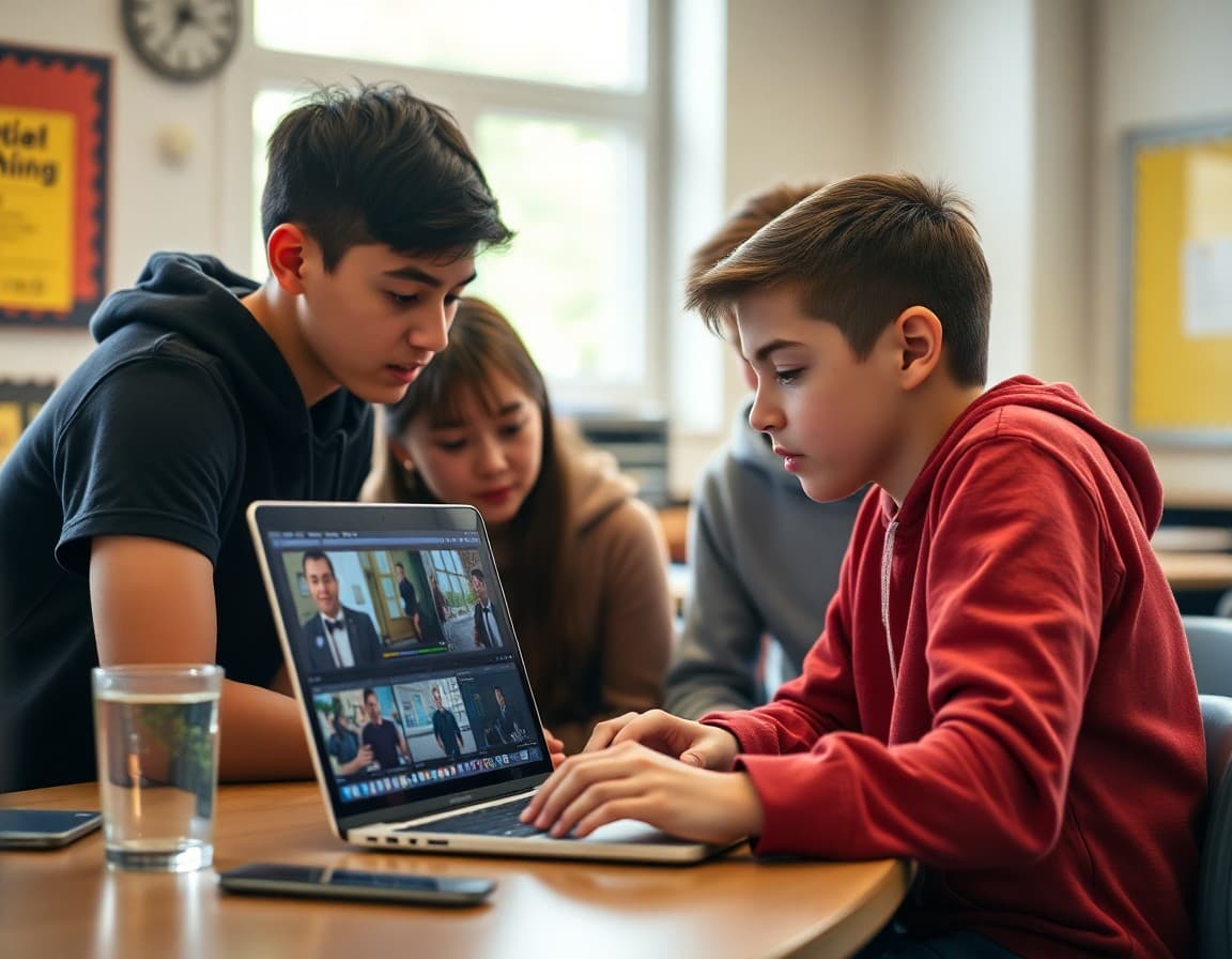 Students reviewing their video footage together on a laptop during the editing phase of a school media project