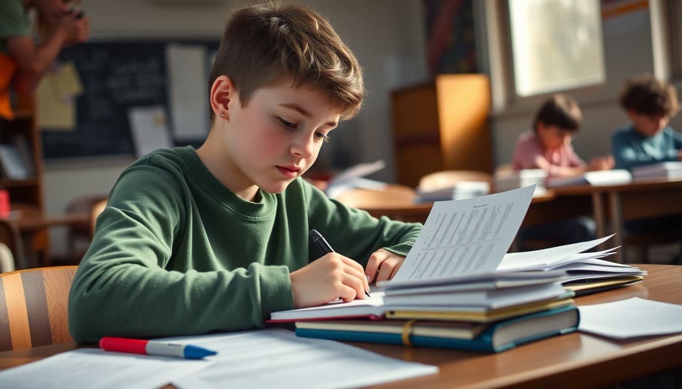 Middle school student working on a creative writing contest submission at a desk with notes and drafts around them