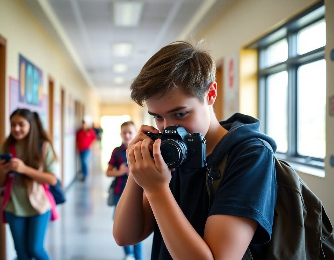 Student photographer capturing candid moments in the school hallway for the middle school yearbook