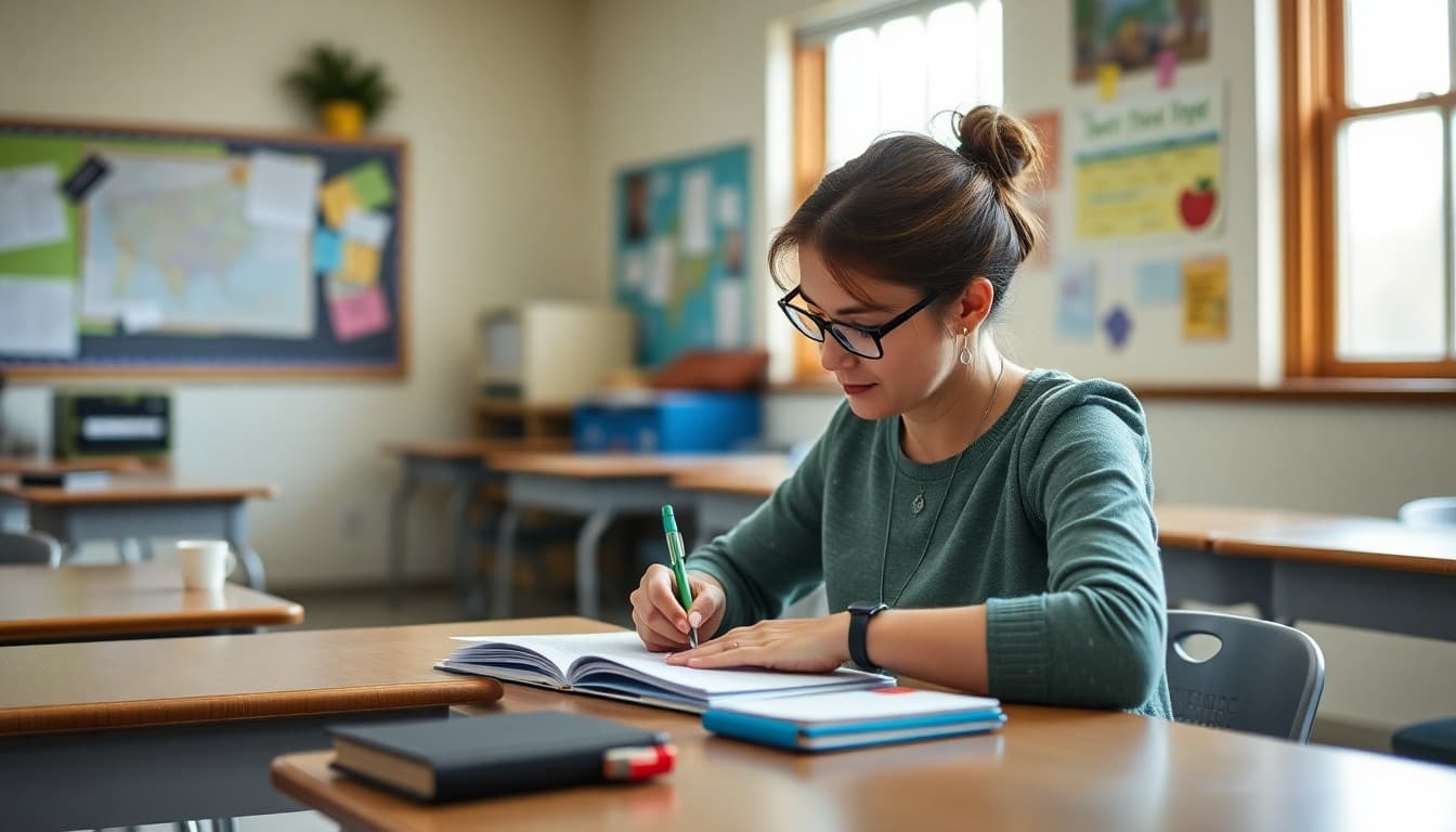 Middle school teacher in Tennessee writing a newsletter for parents at a classroom desk