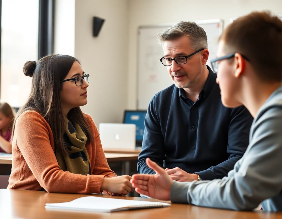 Parent and middle school student talking with a teacher at a conference