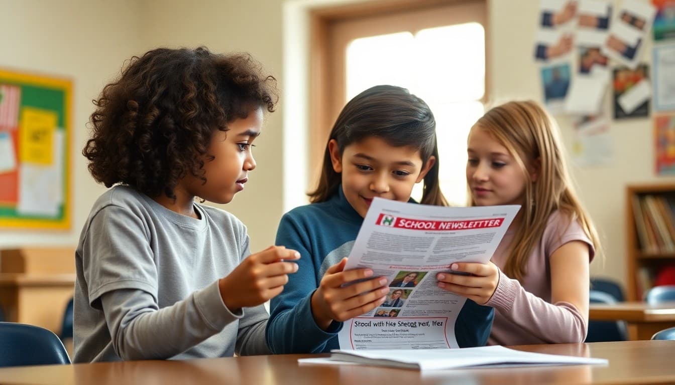 Middle school students and a parent reviewing a school newsletter together