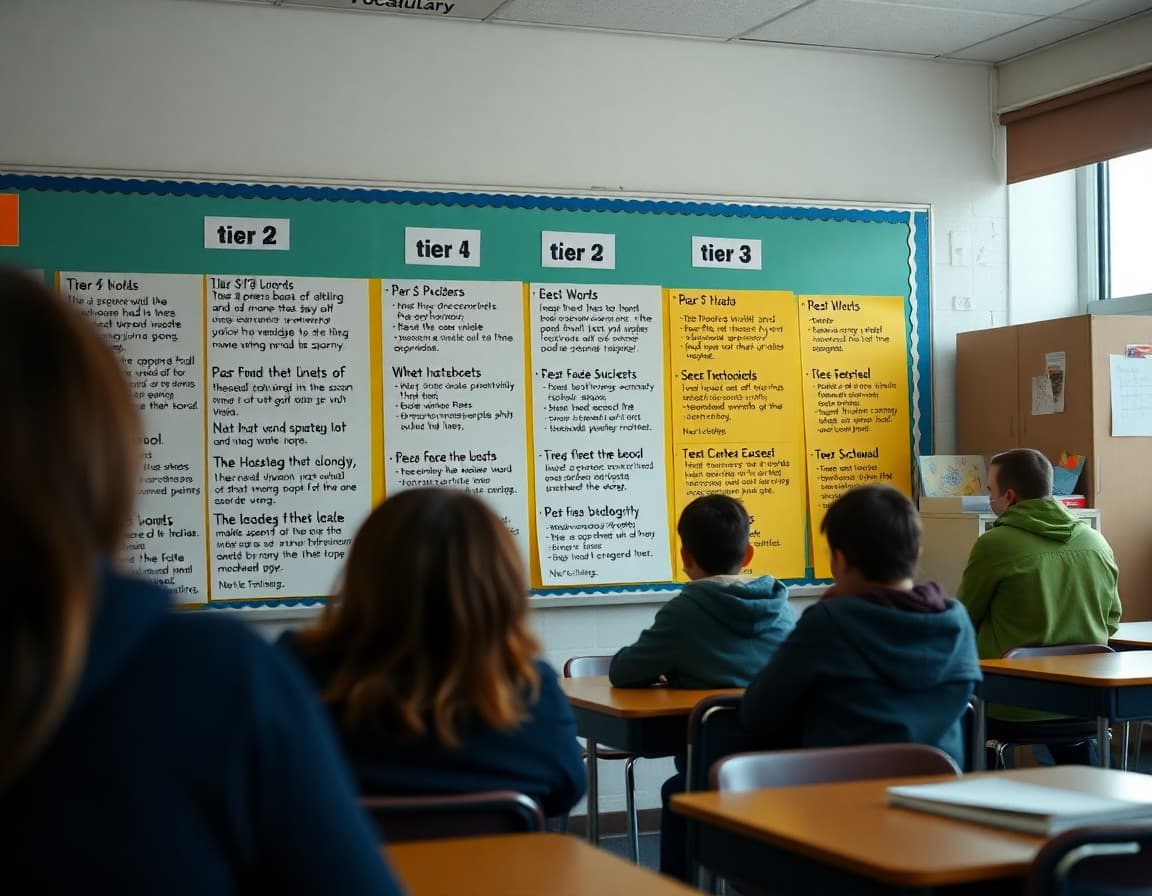 Vocabulary wall in a middle school classroom showing Tier 2 and Tier 3 words with definitions