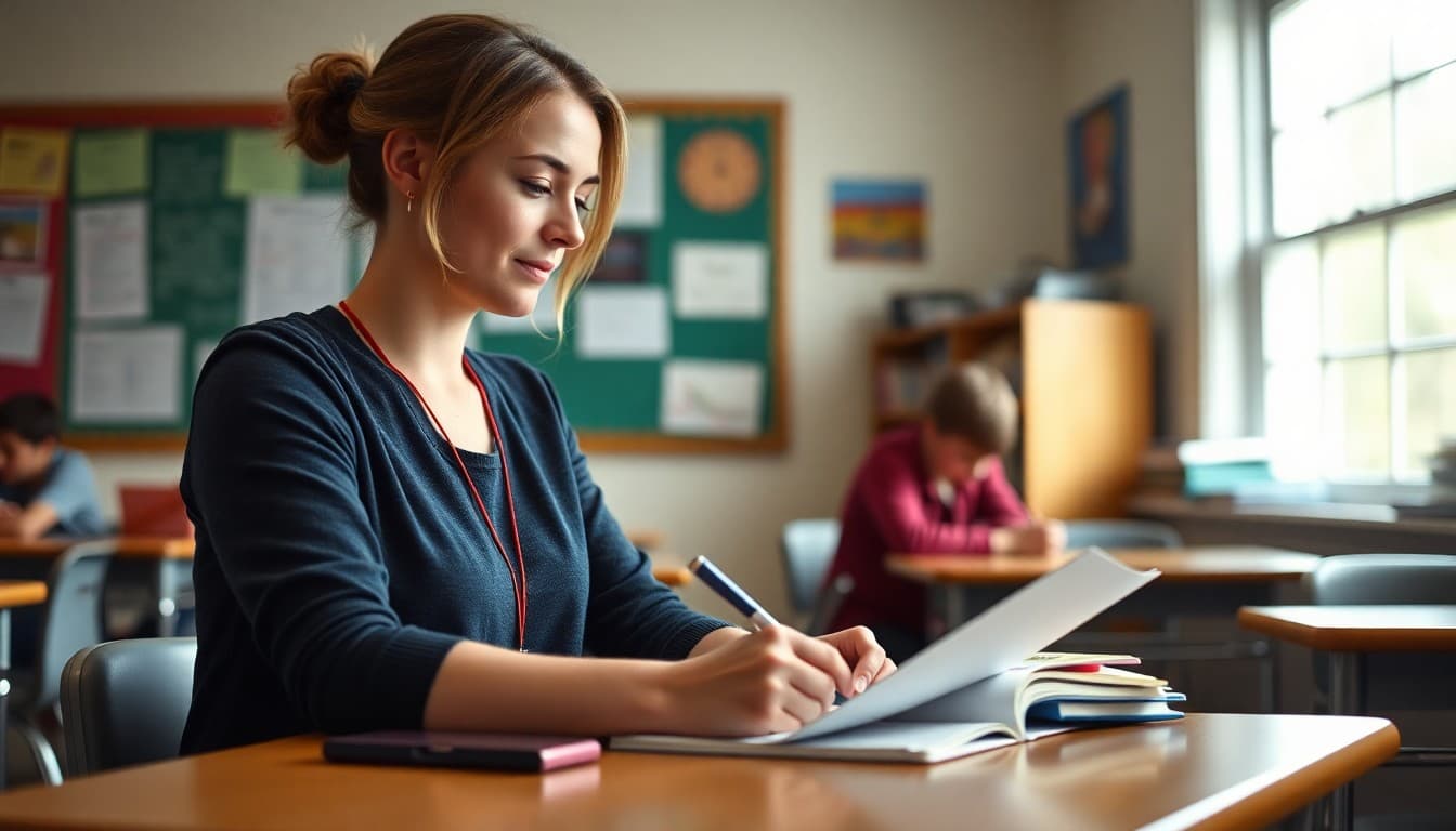 Middle school teacher in Vermont writing a newsletter for parents at a classroom desk