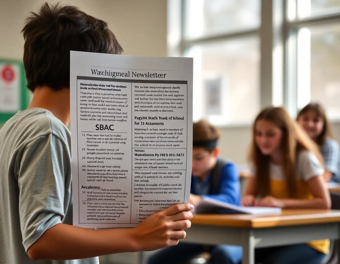 Washington State middle school newsletter showing academic updates and SBAC preparation information