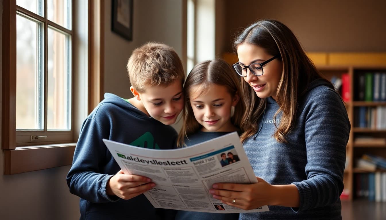 Middle school students and a parent reviewing a school newsletter together