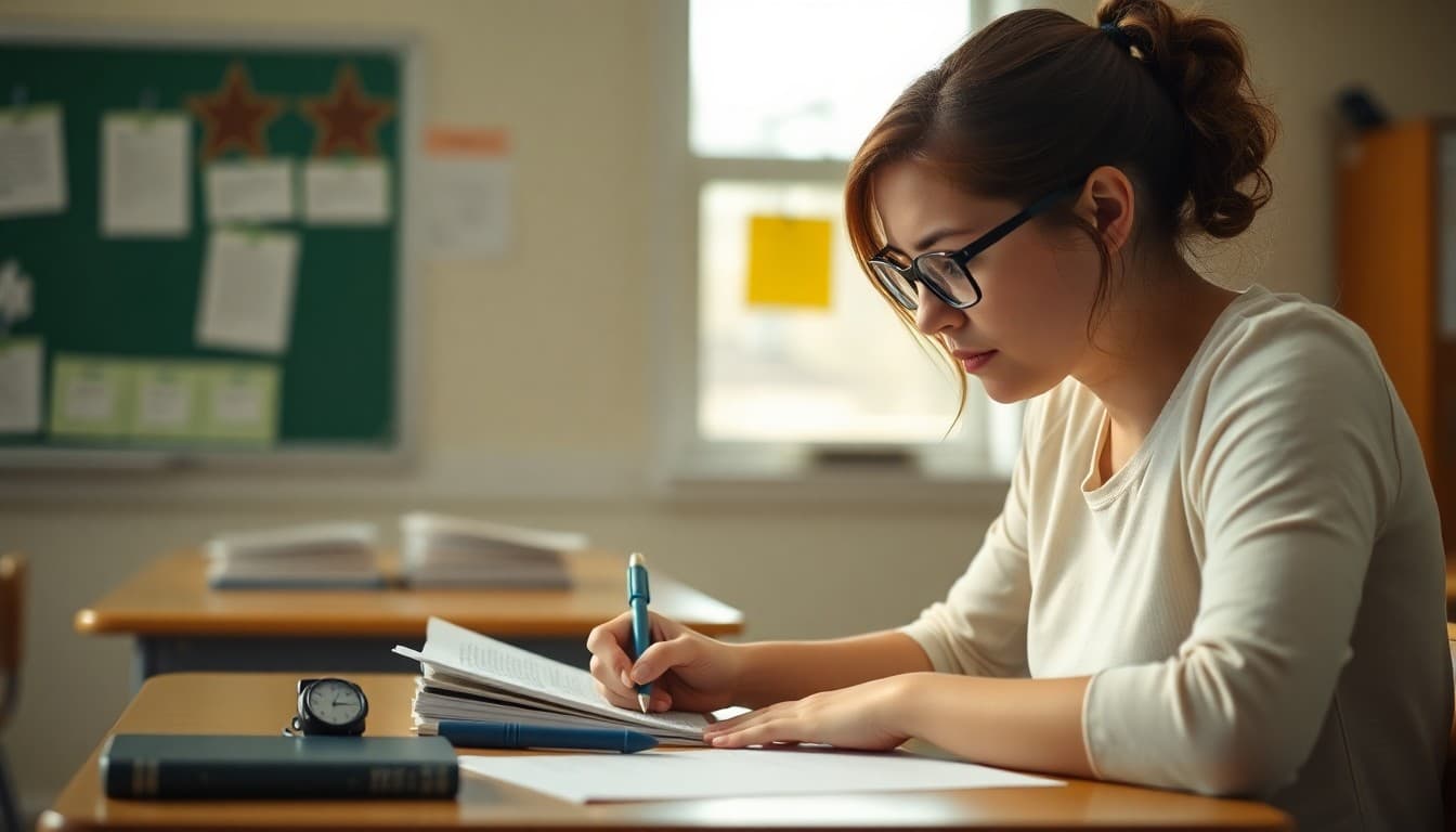 Middle school teacher in Wisconsin writing a parent newsletter at a classroom desk