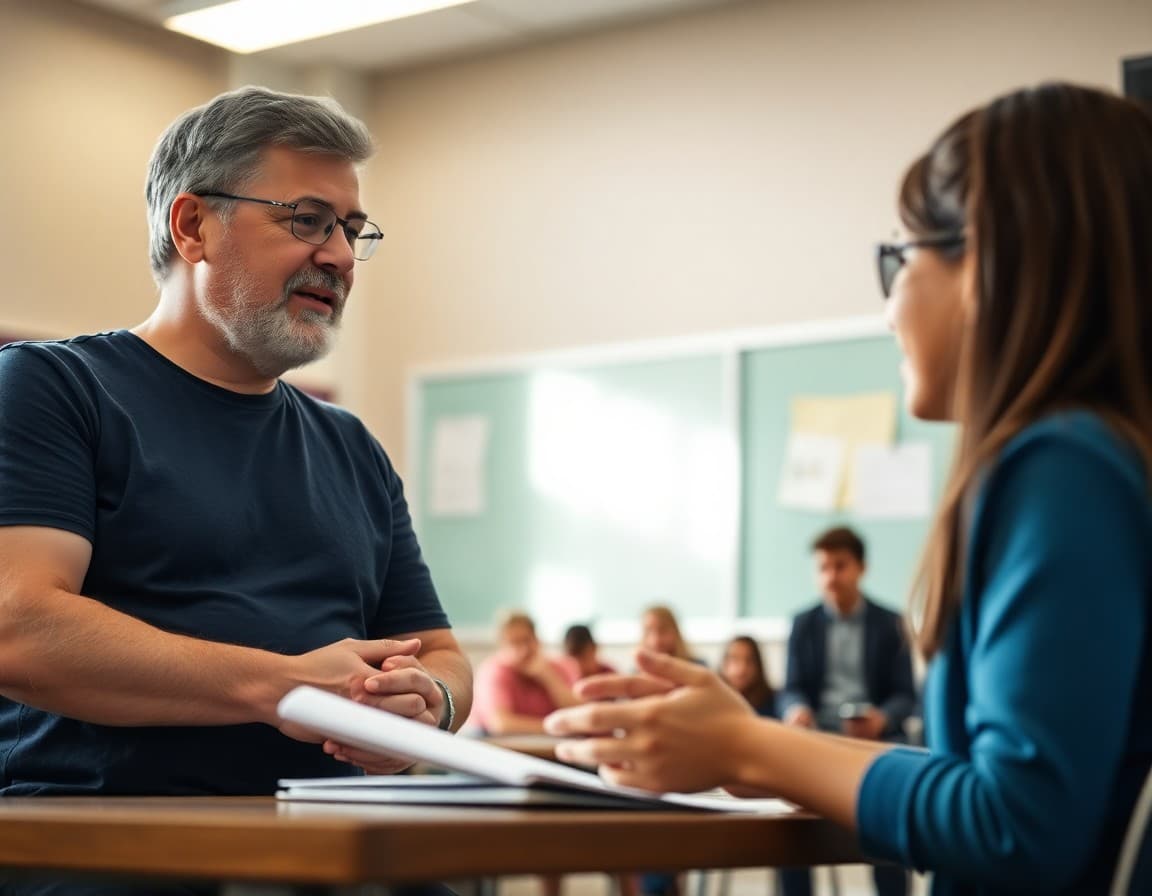 Parent and middle school student talking with a teacher at a conference