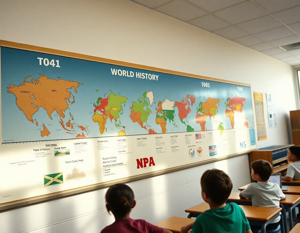 World history timeline posted on a middle school classroom wall covering ancient civilizations to modern times
