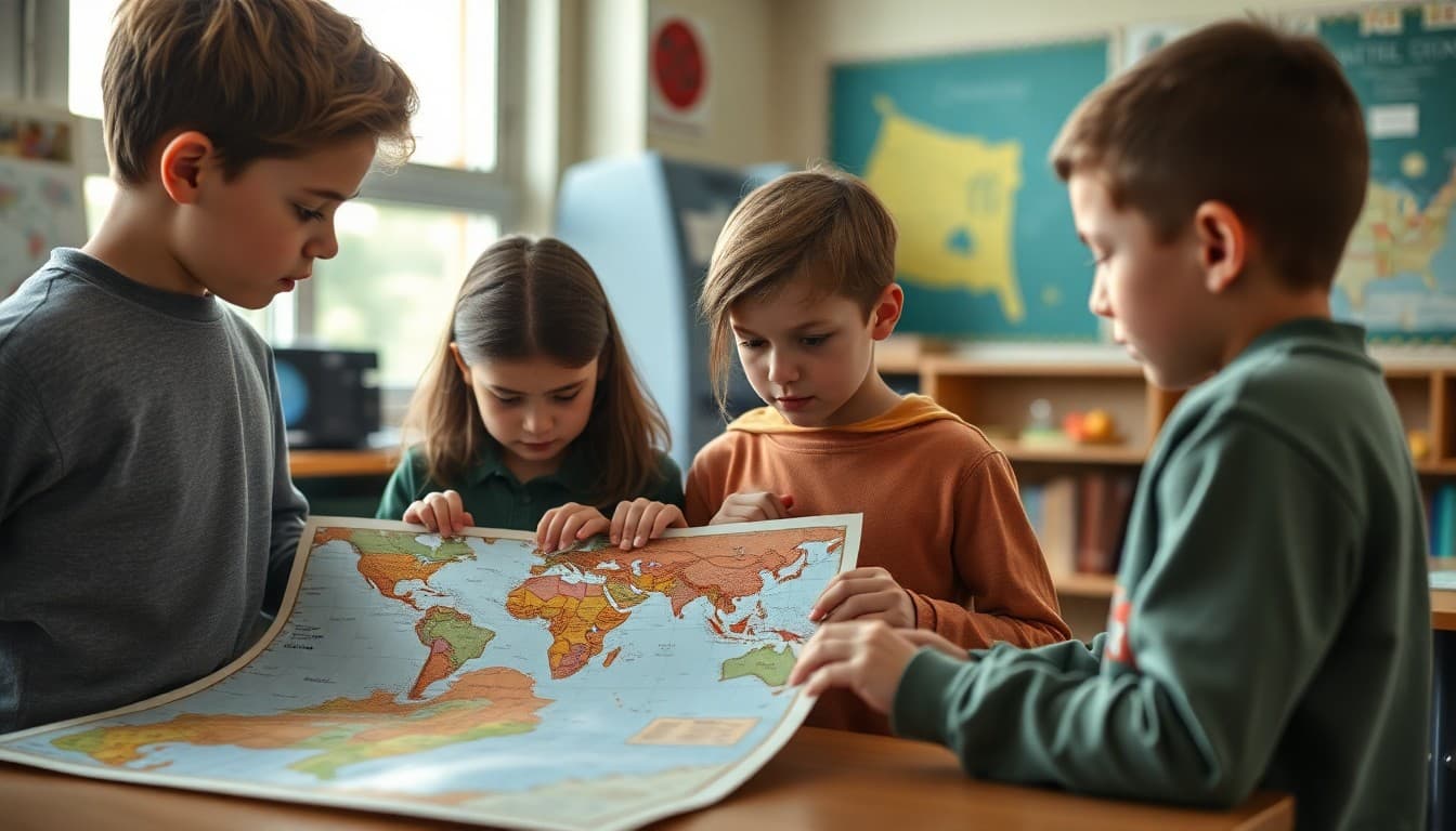 Middle school students examining world history maps and artifacts during a social studies unit