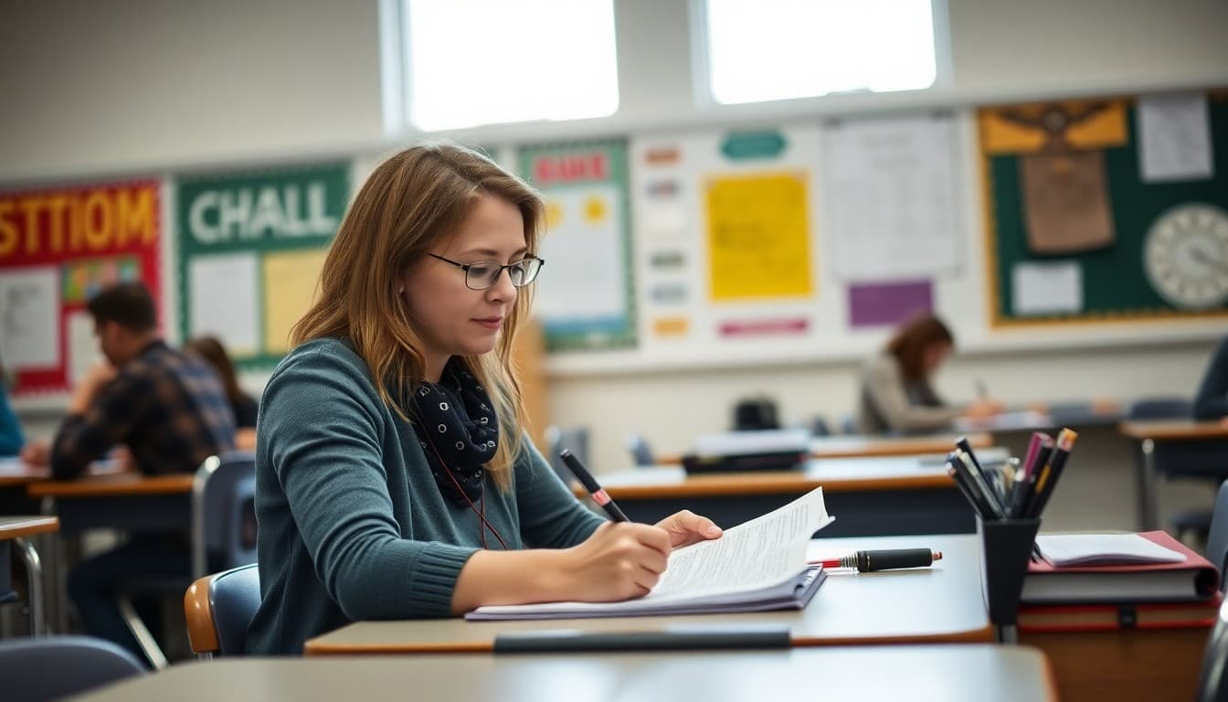 Middle school teacher in West Virginia writing a parent newsletter at a classroom desk