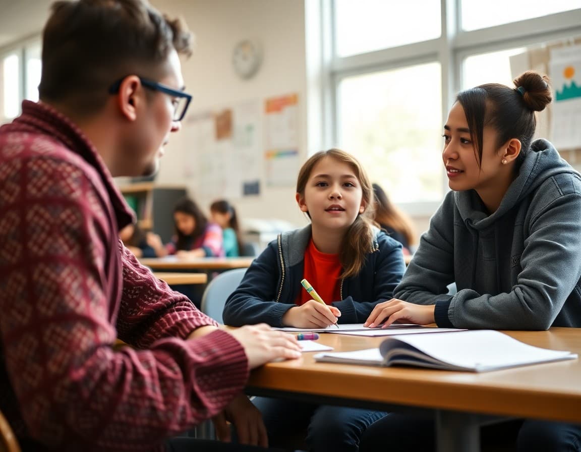 Parent and middle school student talking with a teacher at a conference