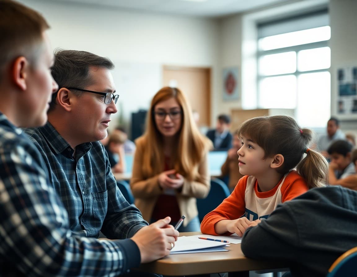 Parent and middle school student talking with a teacher at a conference