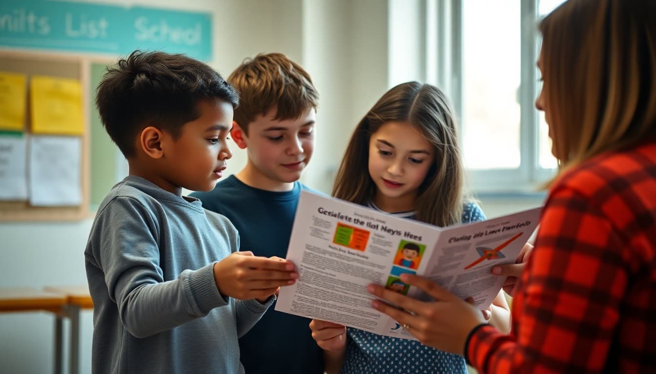 Middle school students and a parent reviewing a school newsletter together