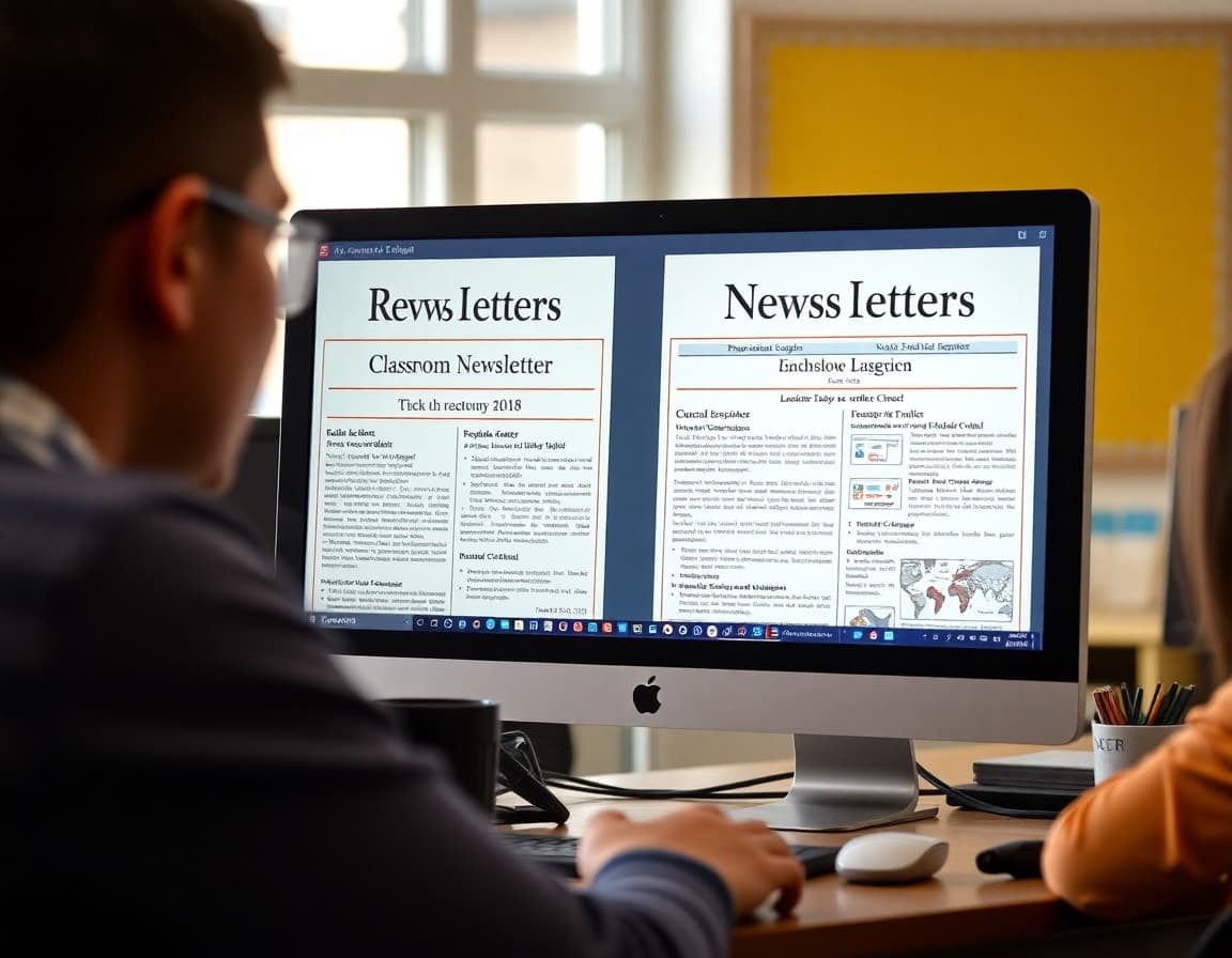Side by side Spanish and English classroom newsletter sections displayed on teacher's computer screen