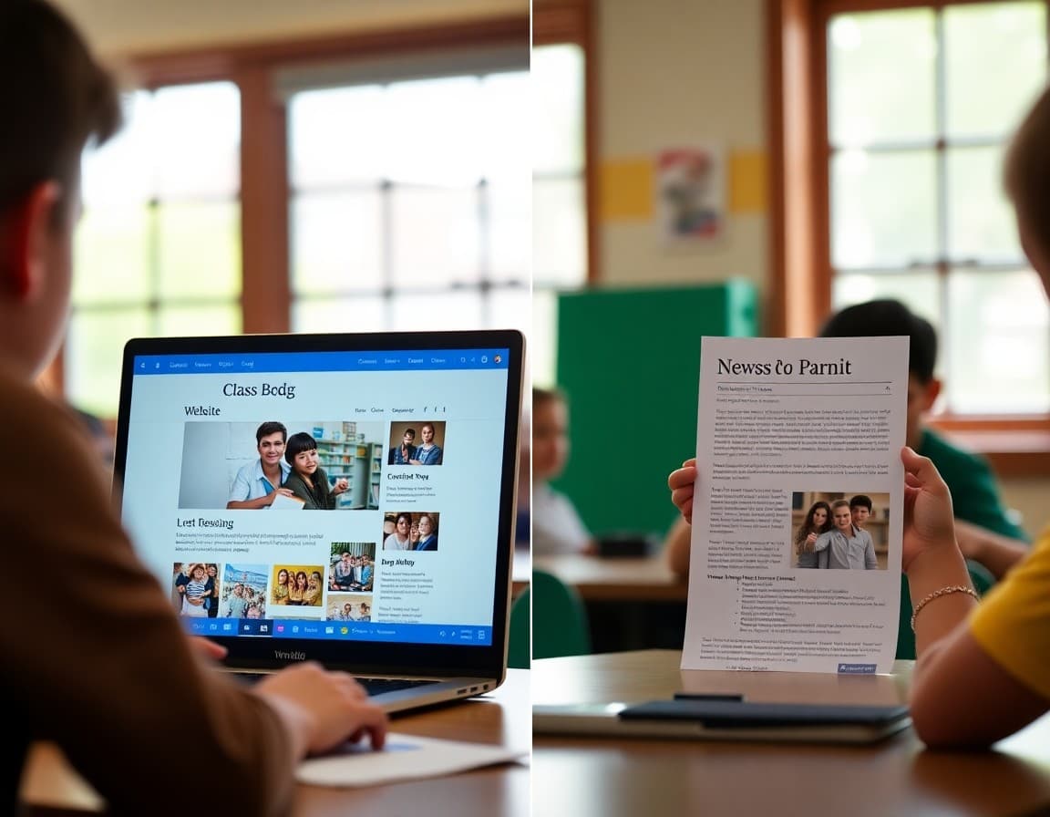 Split screen showing classroom blog website next to email newsletter for parent communication comparison