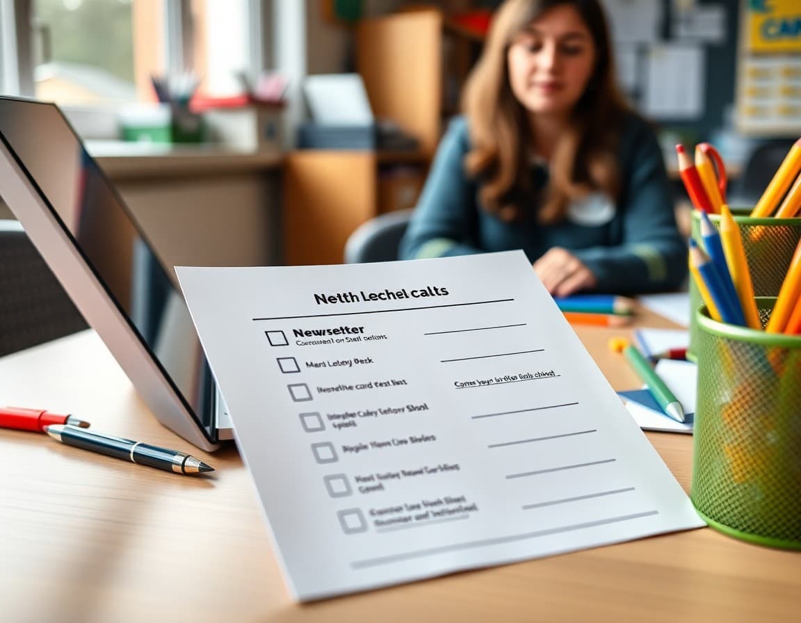 Printed newsletter checklist with checkboxes next to teacher's laptop and school supplies