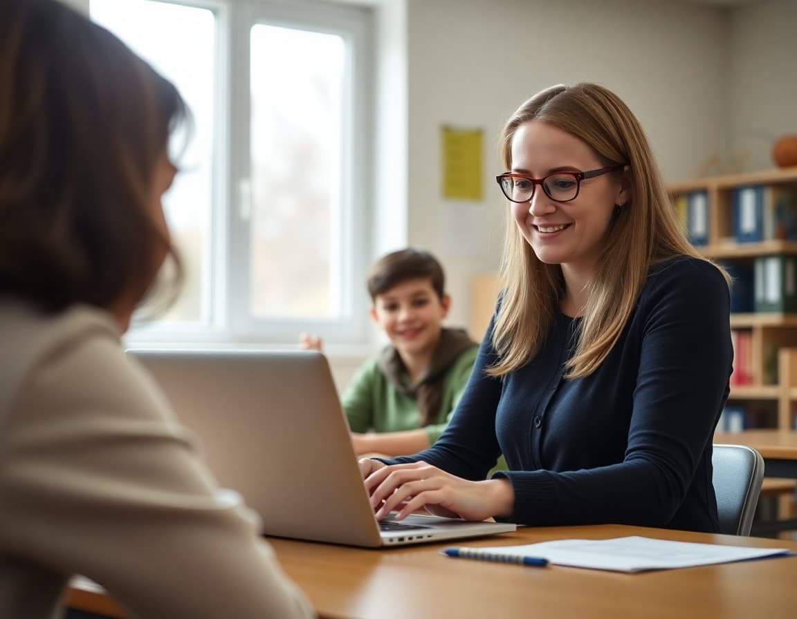 New teacher reviewing parent newsletter template examples on laptop in classroom
