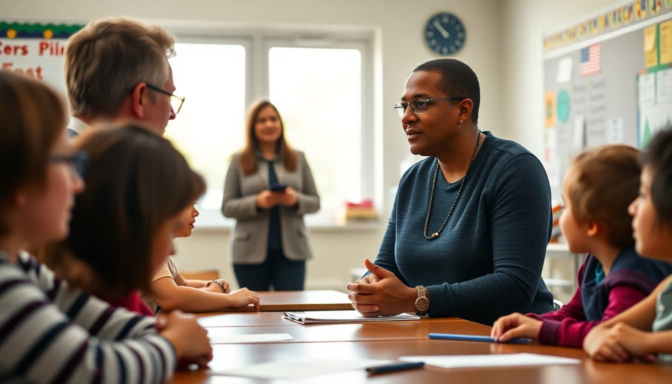 Long-term substitute teacher introducing themselves to classroom parents at school meeting