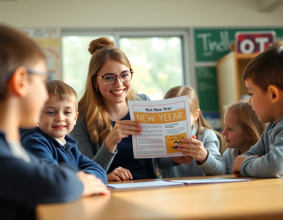 Teacher and students celebrating grade level transition with newsletter announcing new year together