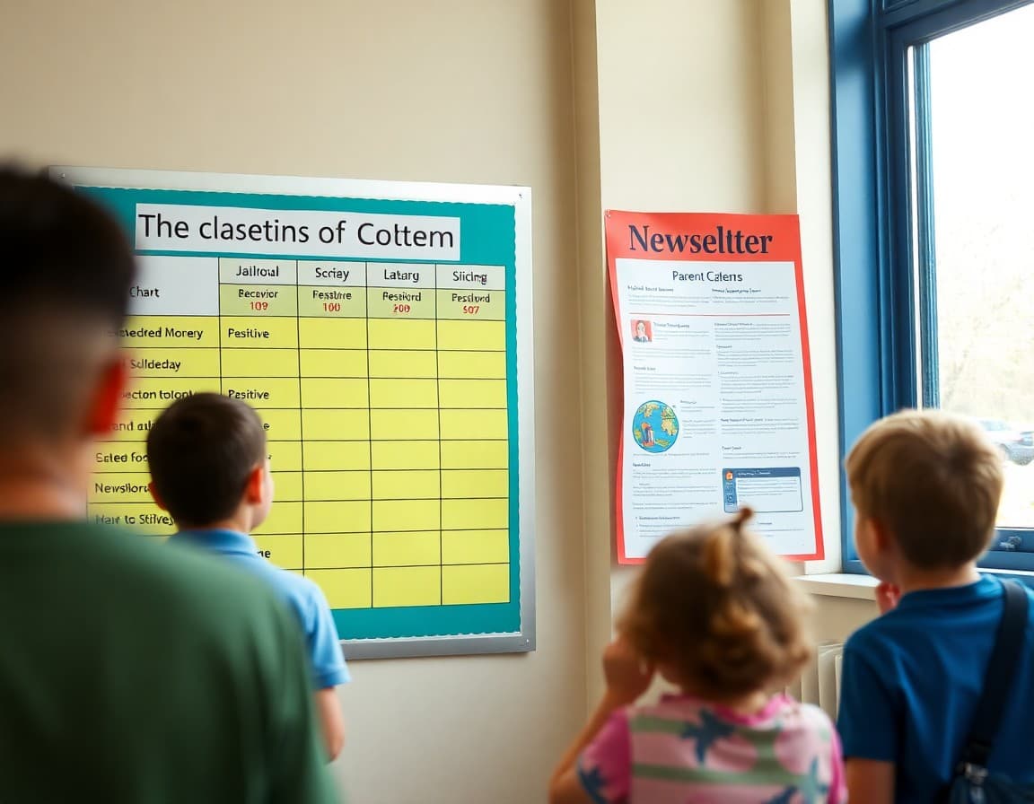 Classroom behavior chart with positive recognition system displayed next to parent newsletter