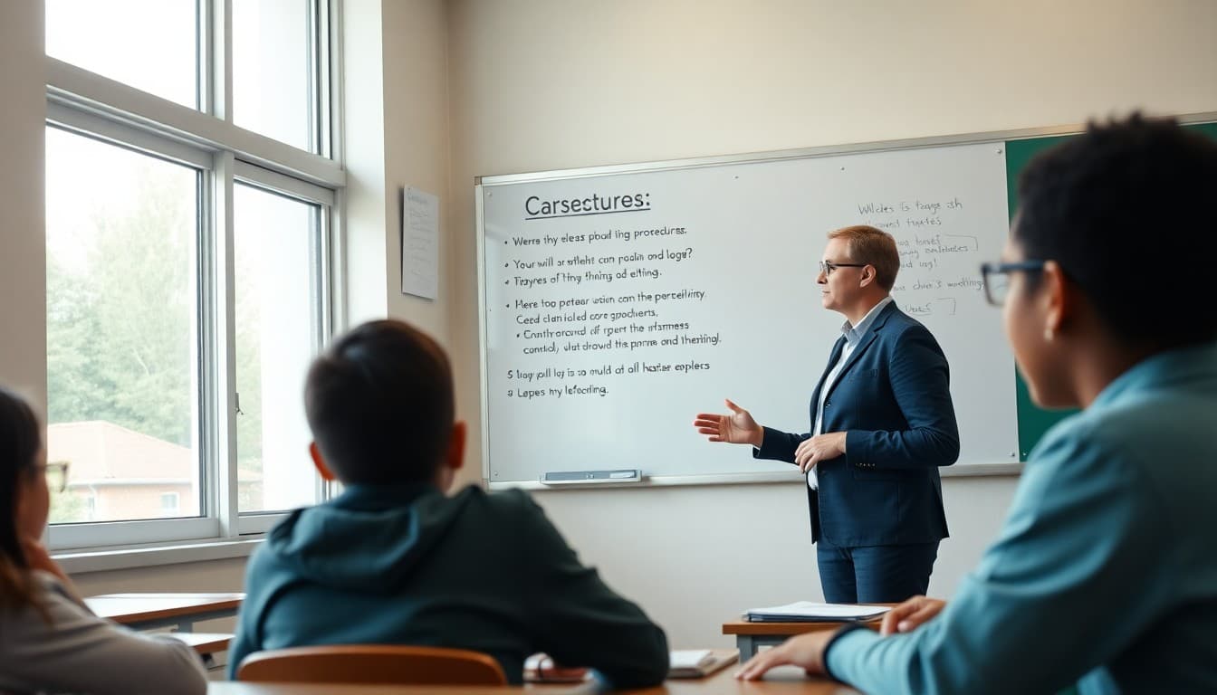 New teacher posting classroom procedures on board while explaining rules to students