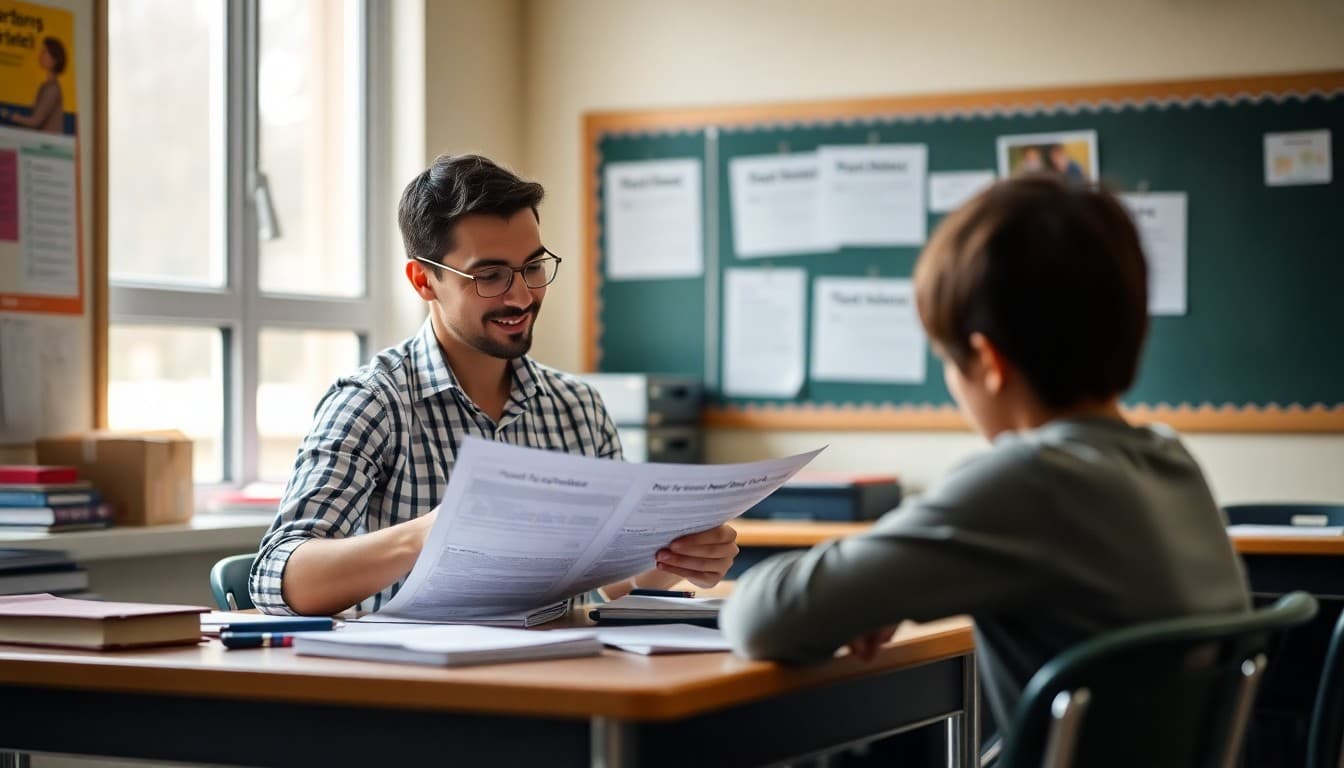 New teacher planning parent communication schedule and newsletter strategy at school desk