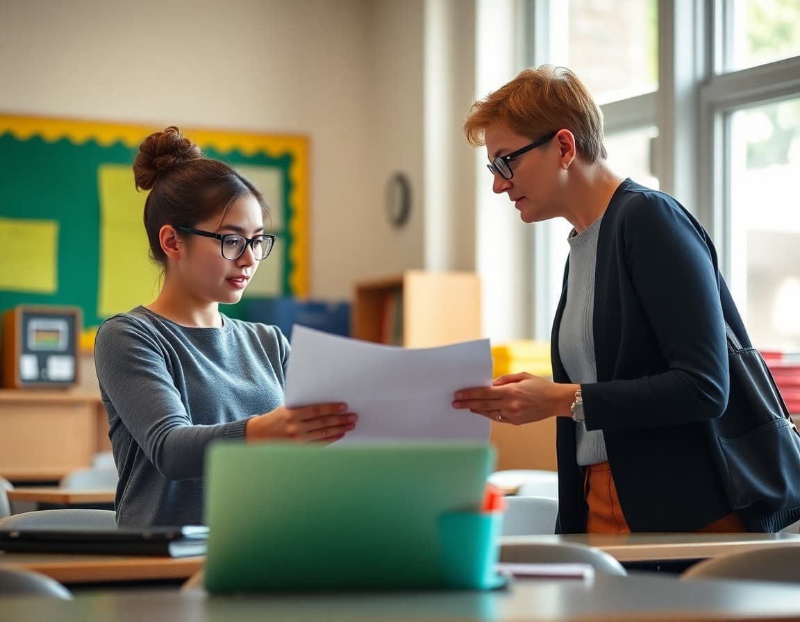 First year teacher reviewing parent introduction email draft with mentor teacher at school