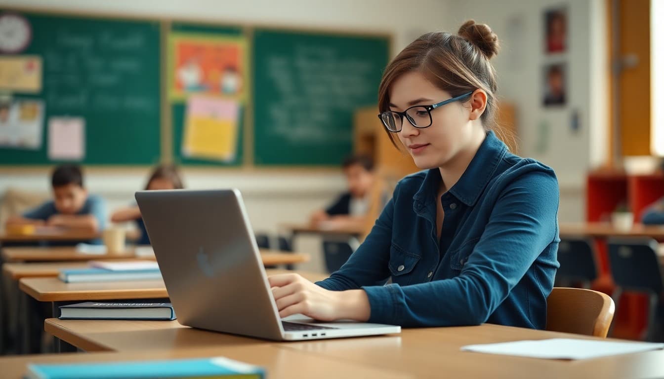 New teacher writing introduction email to parents on laptop before school year begins