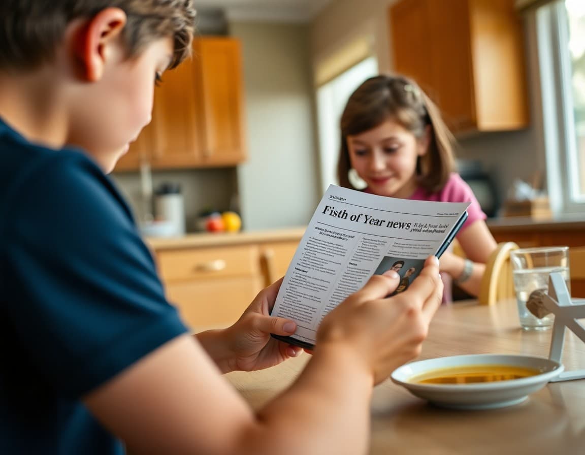 Parent reading a first-of-year newsletter on a phone at a kitchen table