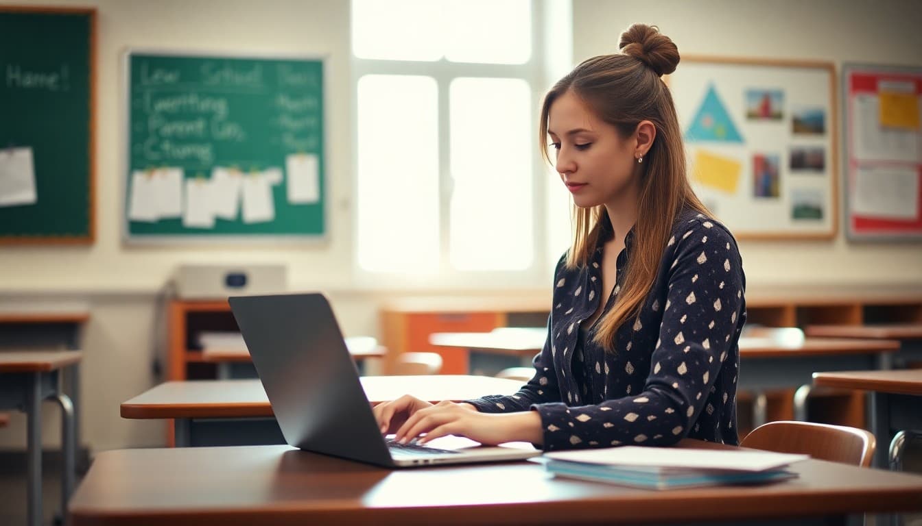 New teacher at a laptop writing their first parent newsletter in an empty classroom