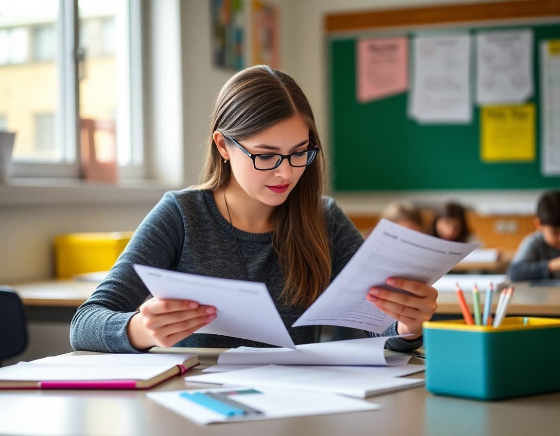 First-year teacher reviewing parent communication materials at a school desk