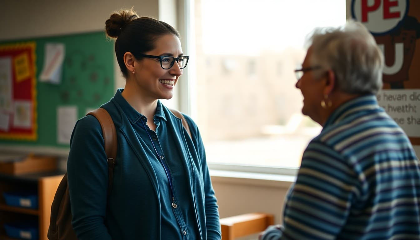New teacher having a warm conversation with a parent outside the classroom