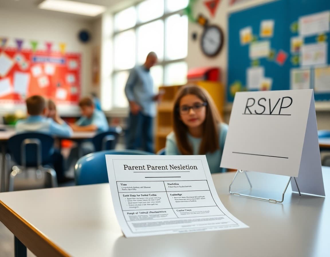 Parent meeting invitation newsletter printed on table with RSVP sign and classroom decorations