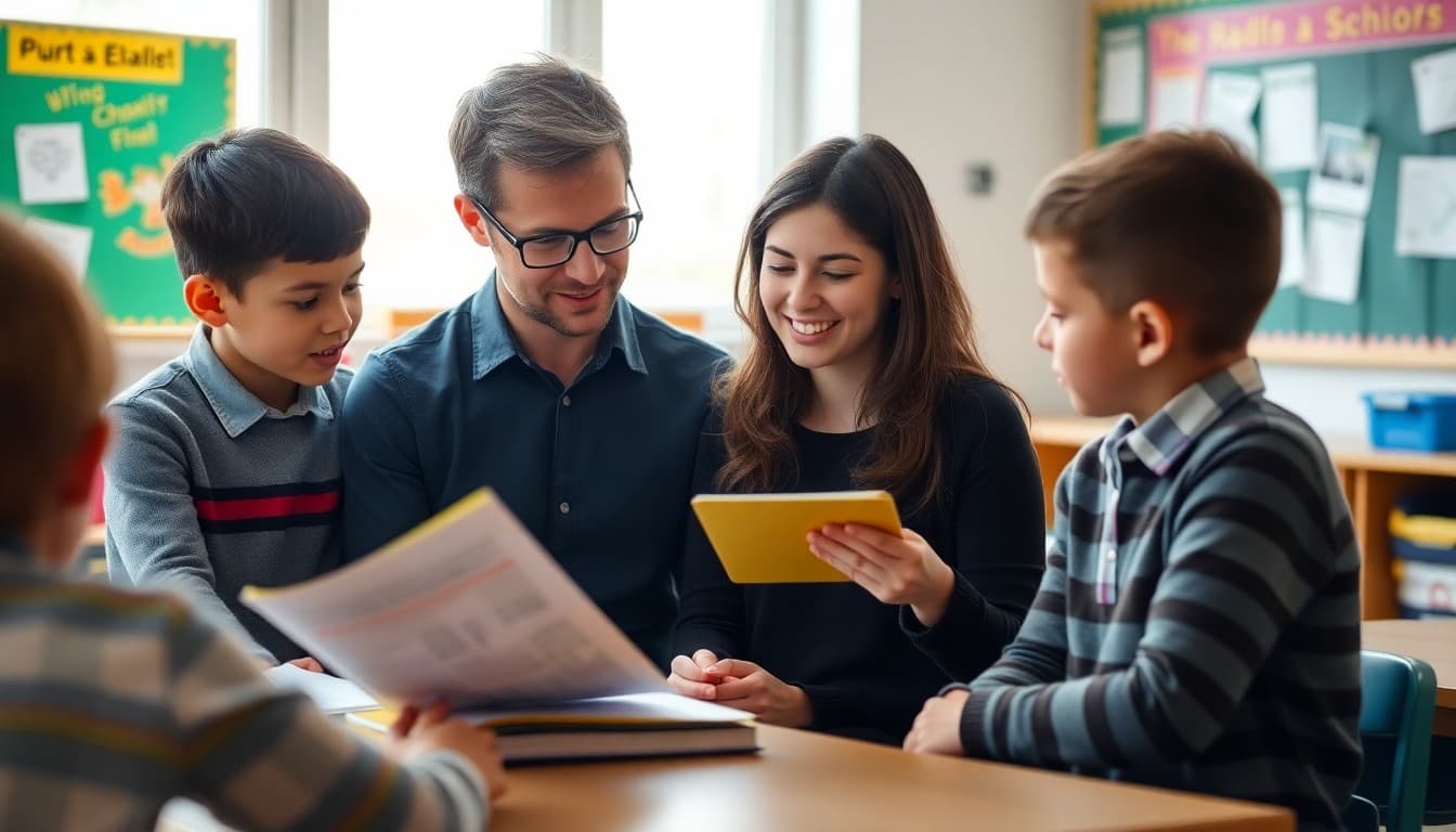 New teacher explaining phonics and reading curriculum approach to parents using newsletter