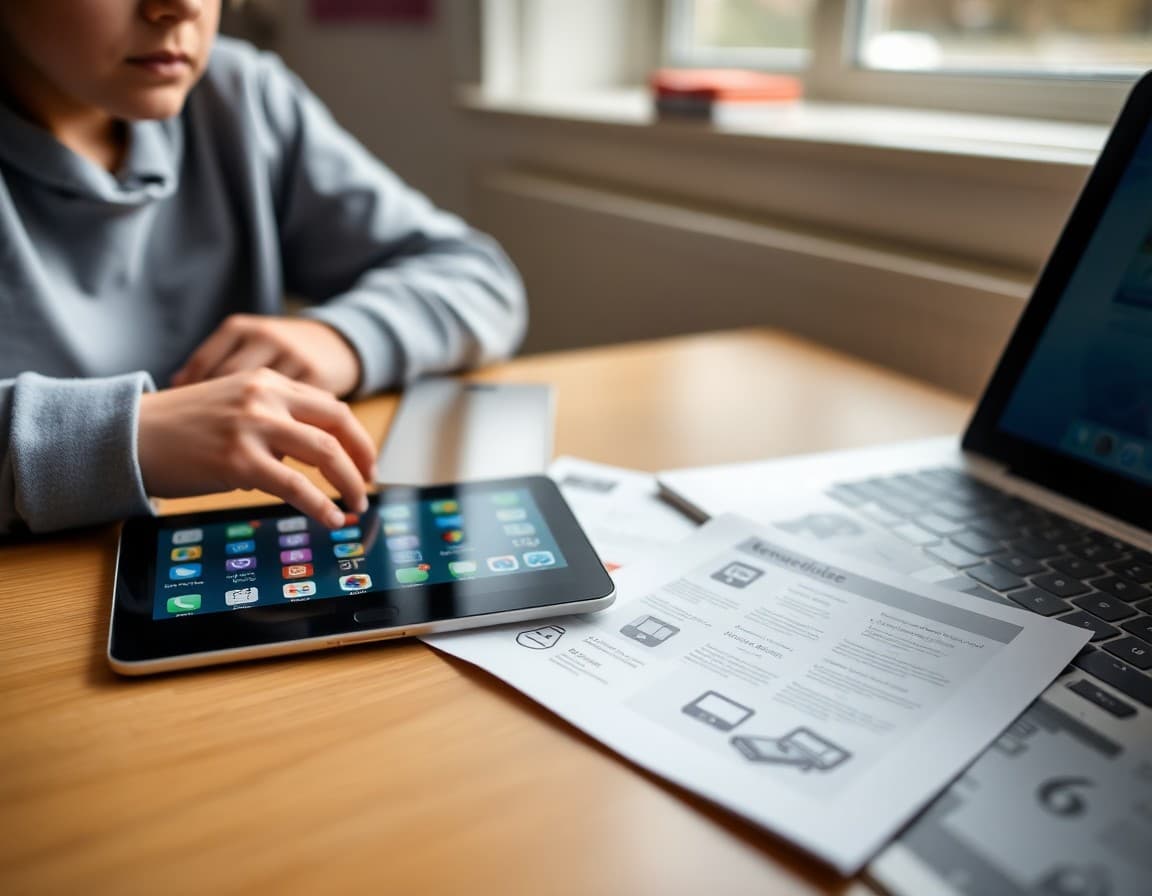School tablet and laptop next to technology newsletter printout with app icons visible