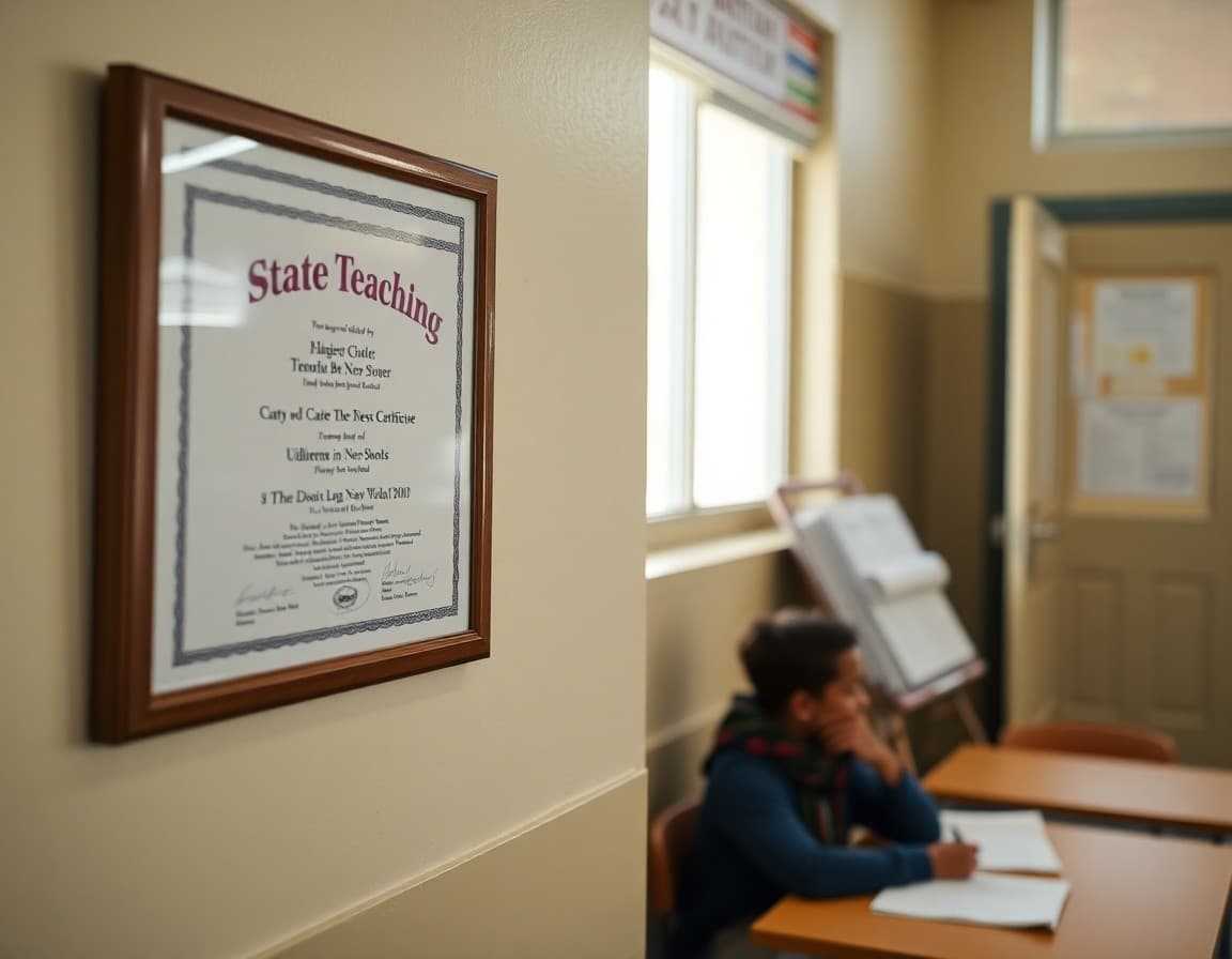 State teaching certificate framed on wall next to teacher's classroom newsletter printout