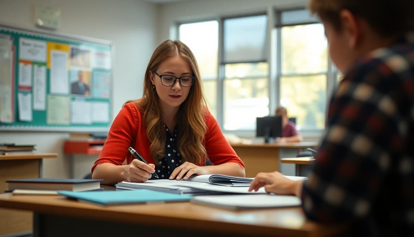New teacher reviewing state teacher certification requirements and credential documents at desk