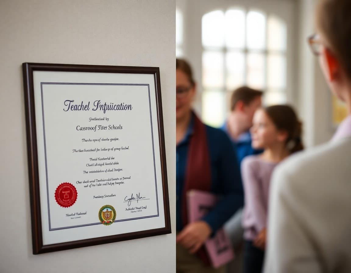 Teacher's diploma and teaching certificate displayed next to classroom introduction newsletter