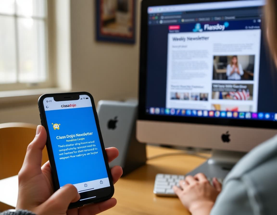 Phone showing ClassDojo notification next to computer screen with weekly parent newsletter open
