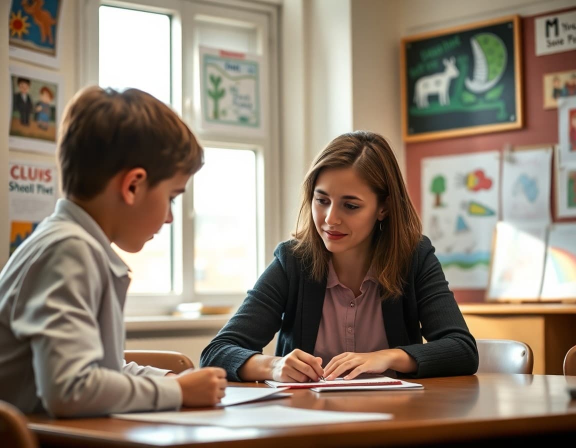Teacher writing a farewell letter at a classroom desk surrounded by student artwork