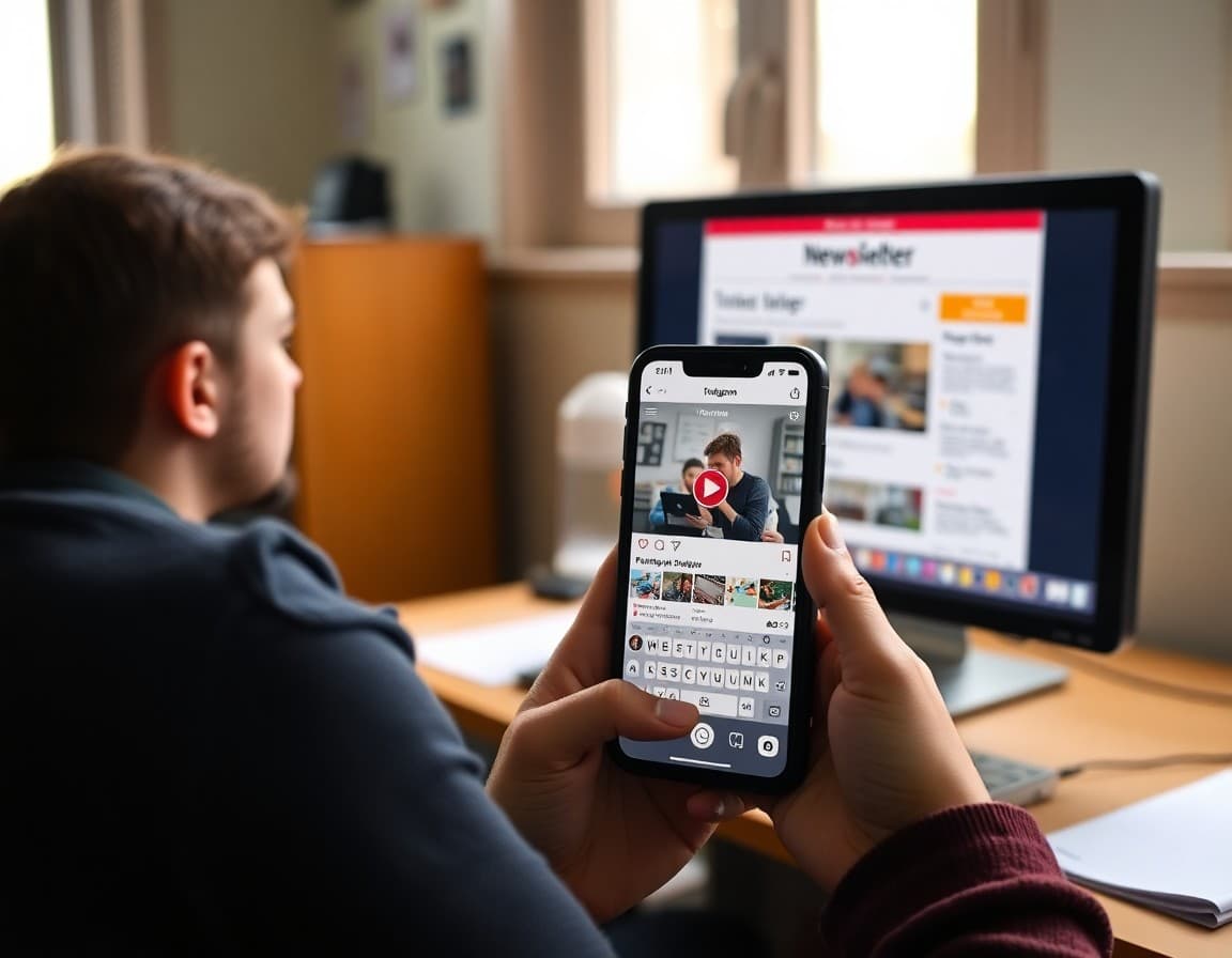 Phone showing classroom Instagram feed next to computer screen with parent newsletter open