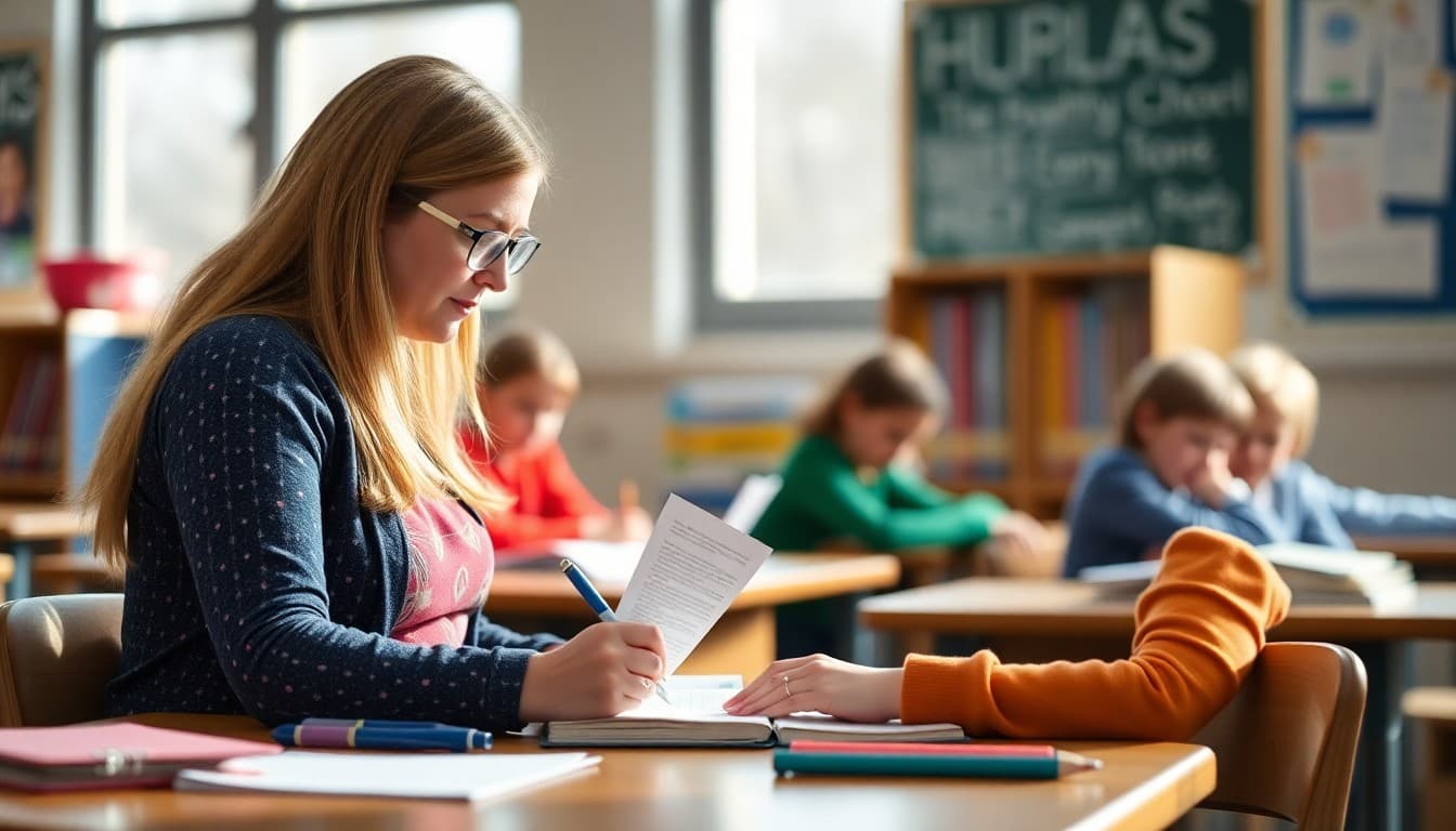 Teacher writing maternity leave newsletter for parents before taking family leave