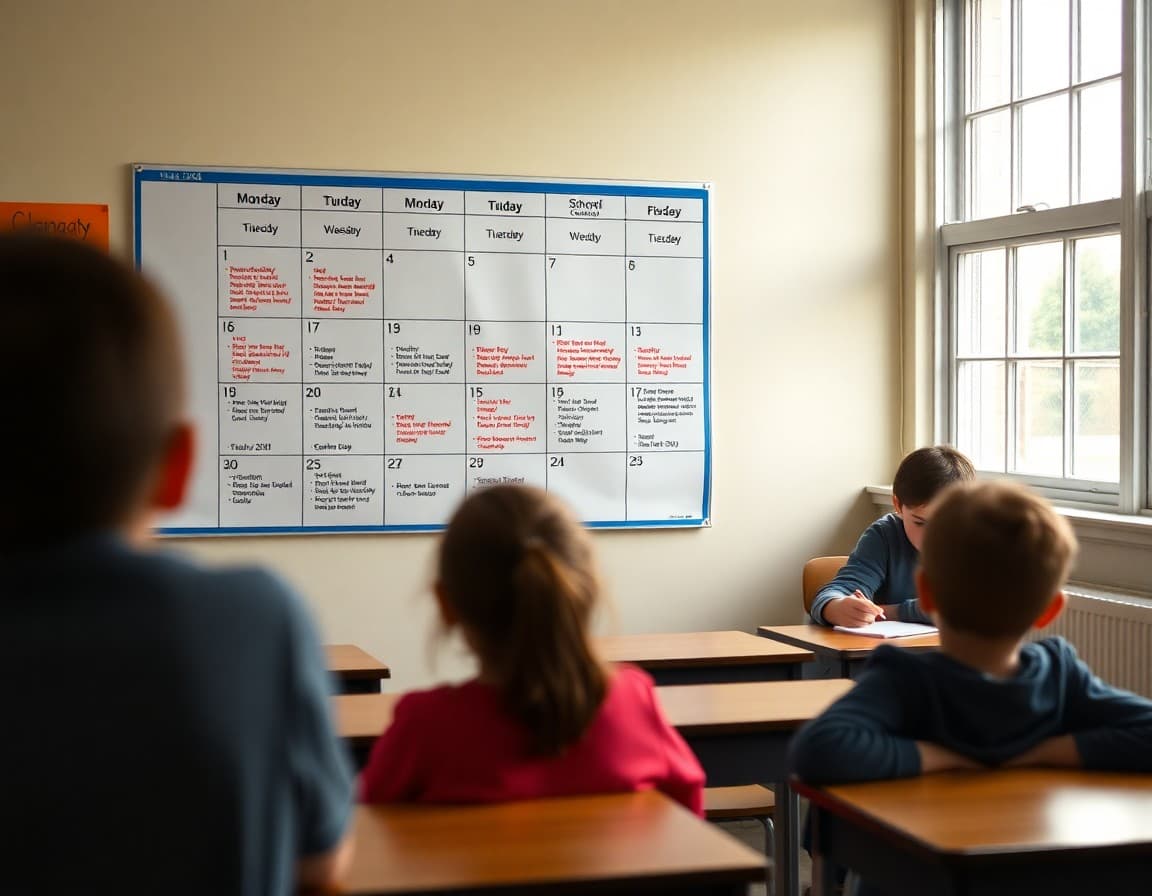 School calendar showing weekly newsletter schedule marked with recurring Monday classroom communication