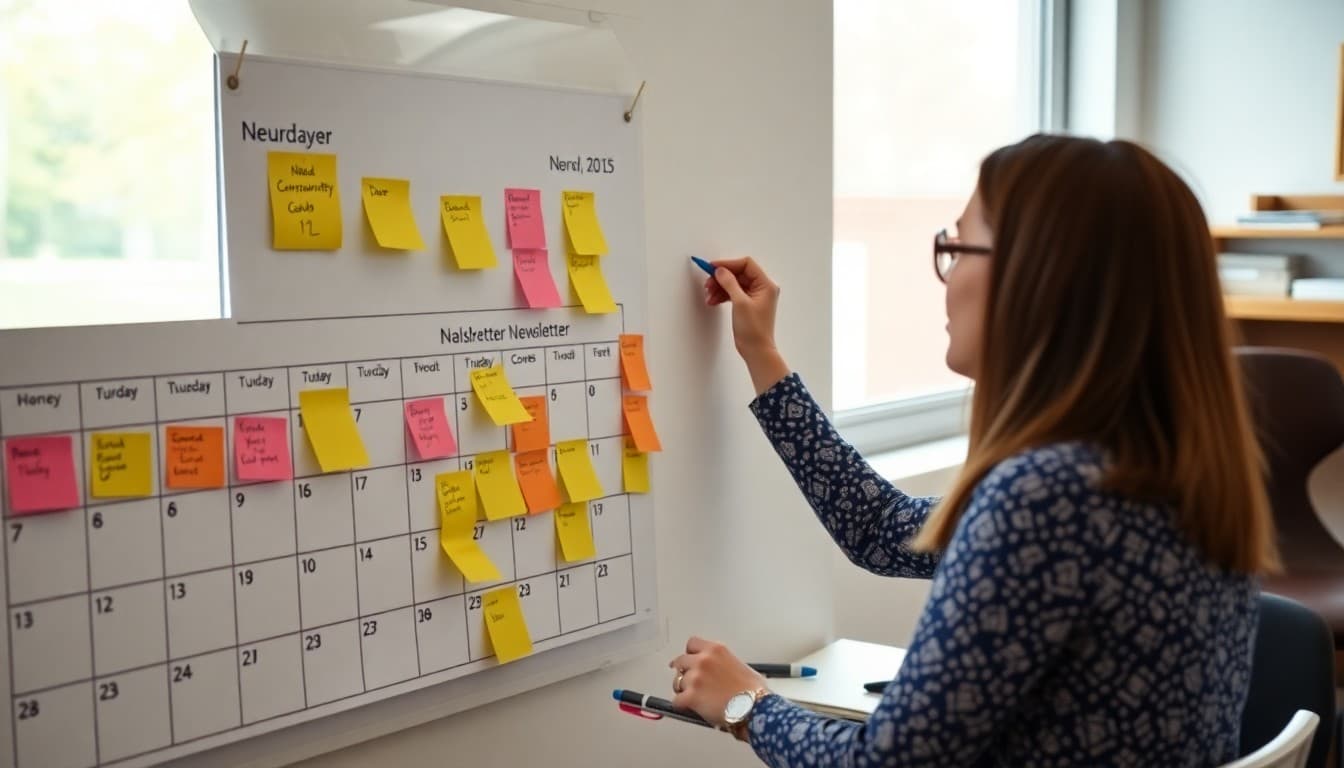 Teacher planning classroom newsletter frequency on school calendar with sticky notes and markers