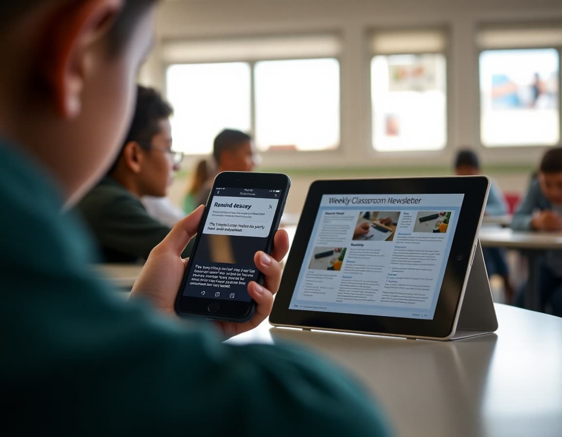 Phone showing Remind text message notification next to tablet displaying weekly classroom newsletter