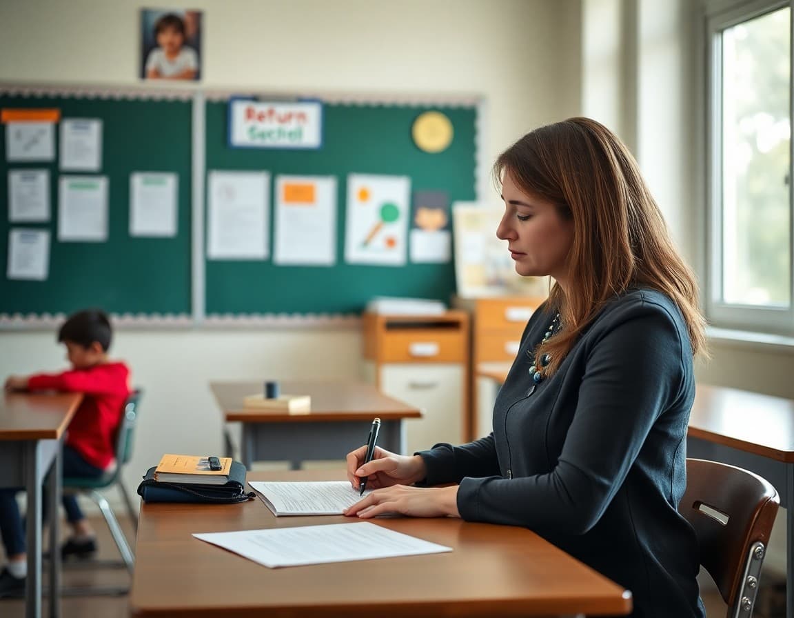 Teacher at classroom desk writing return newsletter with student work displays in background
